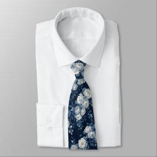 Navy Blue White Cascading Peonies Wedding Tie