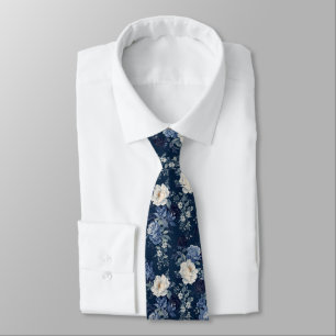 Navy Blue White Cascading Peonies Wedding Tie
