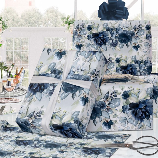 Navy Blue White Cascading Peonies Wedding Wrapping Wrapping Paper (Creator Uploaded)