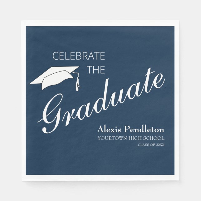 Navy Blue White Celebrate Graduate Graduation Napkin (Front)