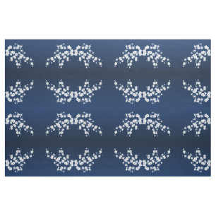 Navy Blue White Cherry Blossom Pattern Fabric