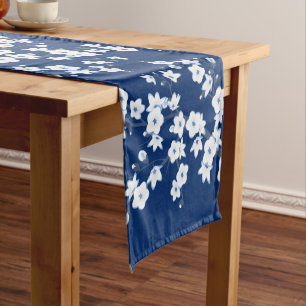 Navy Blue White Cherry Blossom  Short Table Runner