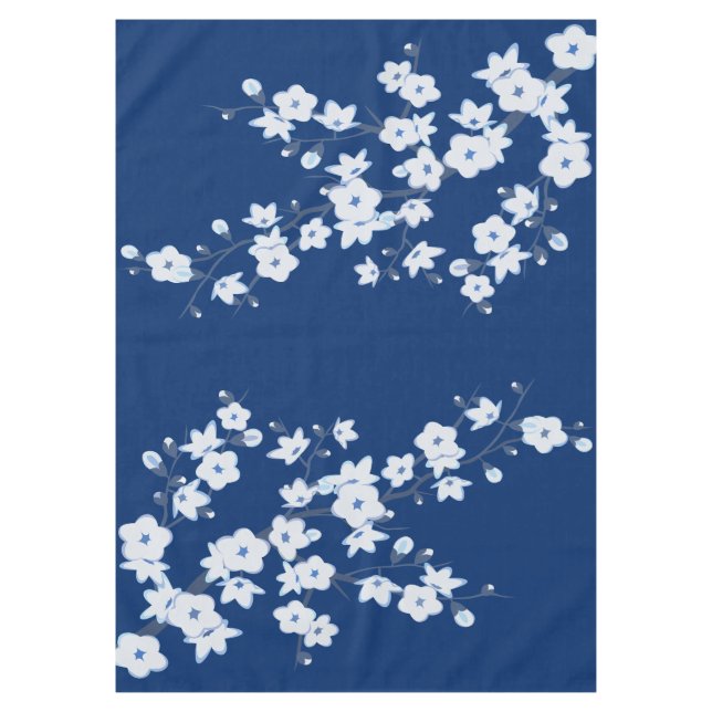 Navy Blue White Cherry Blossom  Tablecloth (Front)