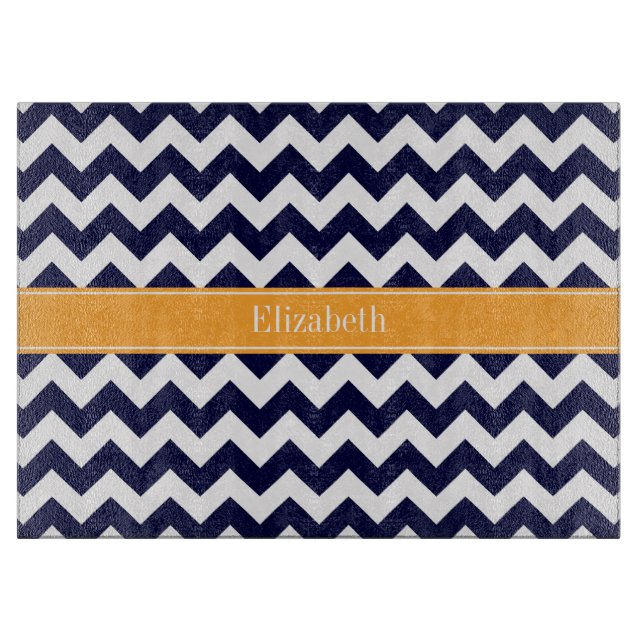 Navy Blue White Chevron Cantaloupe Name Monogram Cutting Board (Front)