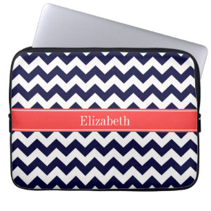 Navy Blue White Chevron Coral Red Name Monogram Laptop Sleeve