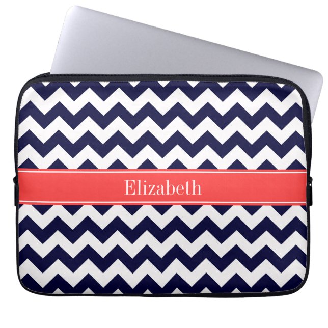 Navy Blue White Chevron Coral Red Name Monogram Laptop Sleeve (Front)