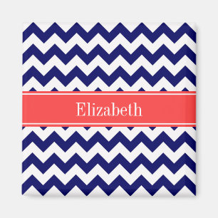 Navy Blue White Chevron Coral Red Name Monogram Magnet
