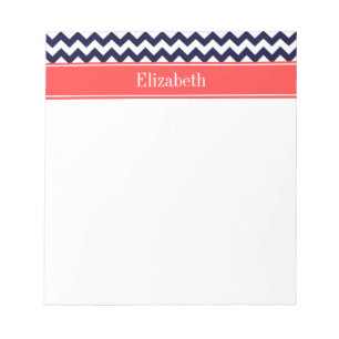 Navy Blue White Chevron Coral Red Name Monogram Notepad