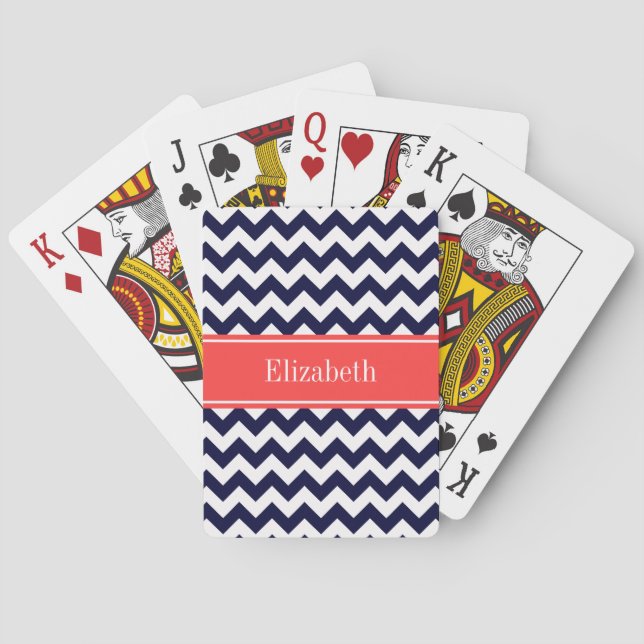Navy Blue White Chevron Coral Red Name Monogram Playing Cards (Back)