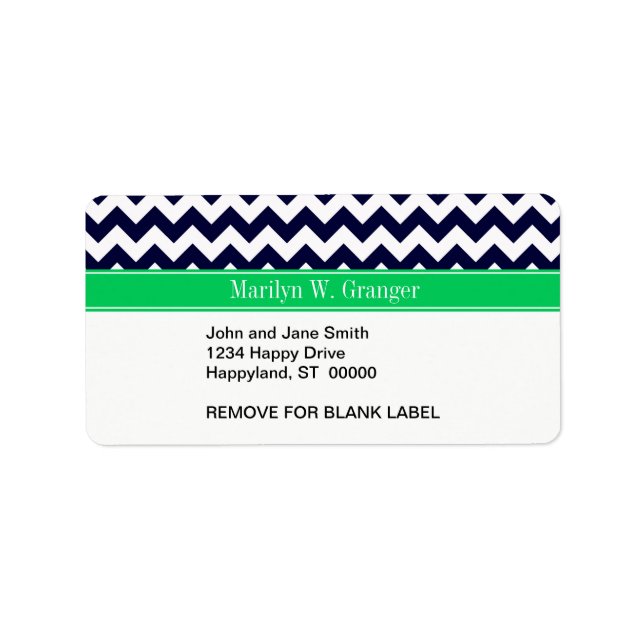 Navy Blue White Chevron Emerald Name Monogram Label (Front)