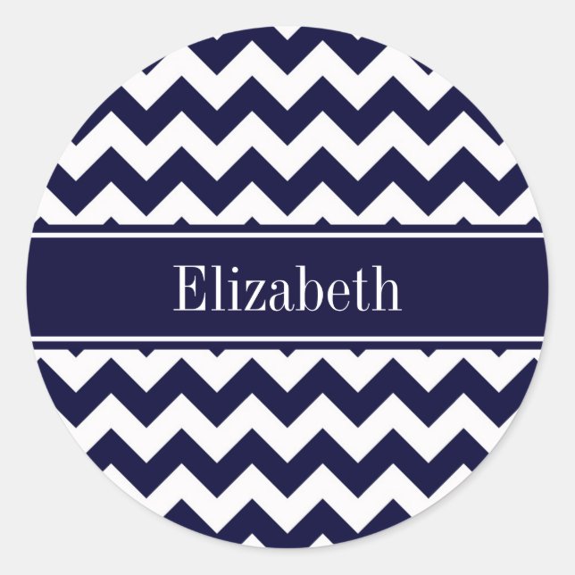 Navy Blue White Chevron Navy Name Monogram Classic Round Sticker (Front)