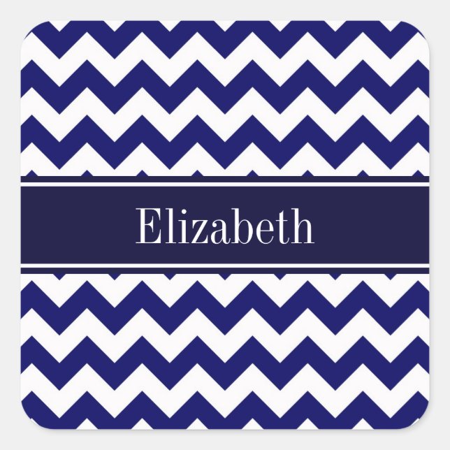 Navy Blue White Chevron Navy Name Monogram Square Sticker (Front)
