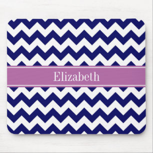 Navy Blue White Chevron Orchid Name Monogram Mouse Mat