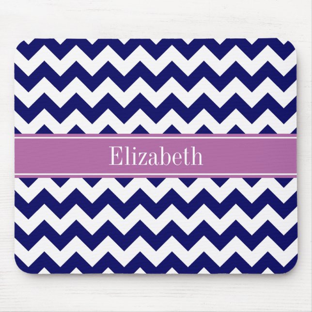 Navy Blue White Chevron Orchid Name Monogram Mouse Mat (Front)