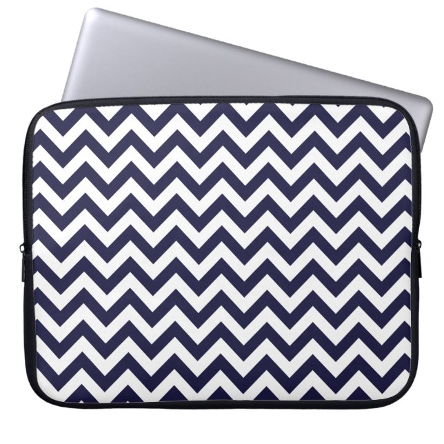 Navy Blue White Chevron Pattern Laptop Sleeve (Front)