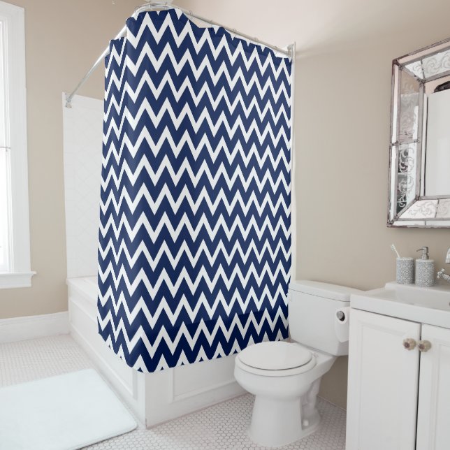 Navy Blue & White Chevron Pattern Shower Curtain (In Situ)