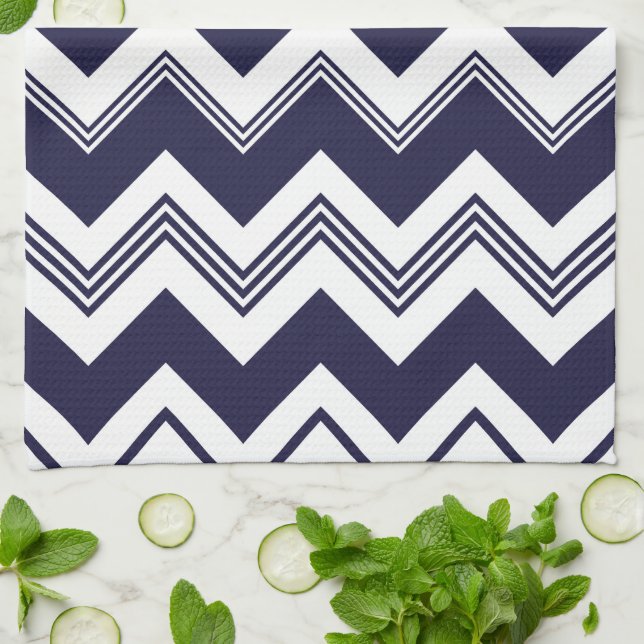Navy Blue White Chevron Pattern Tea Towel (Folded)