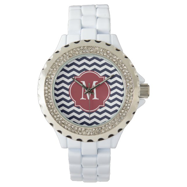 Navy Blue & White Chevron Pattern Watch (Front)
