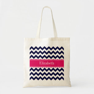 Navy Blue White Chevron Raspberry Name Monogram Tote Bag