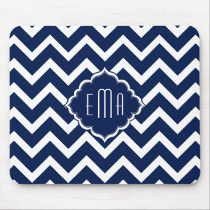 Navy Blue & White Chevron Zigzag Pattern Mouse Mat