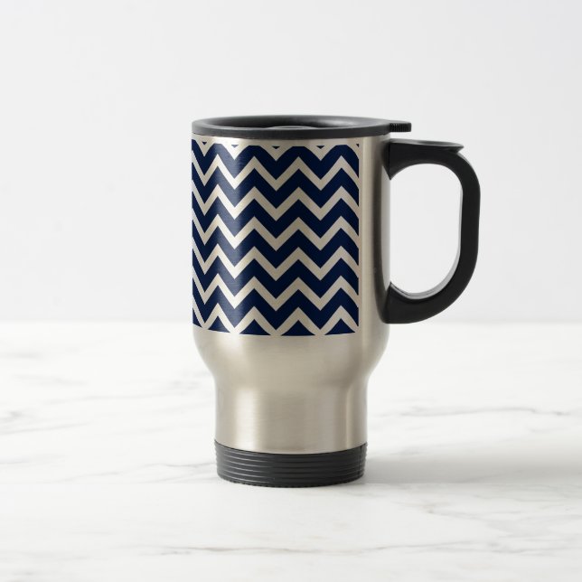 Navy Blue & White Chevron Zigzag Pattern Travel Mug (Right)