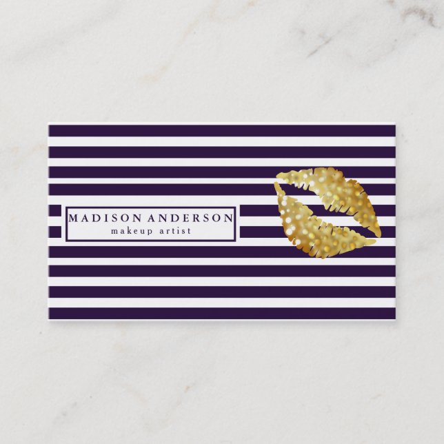 Navy Blue & White Chic Gold Lips - Makeup Artist B Business Card (Front)