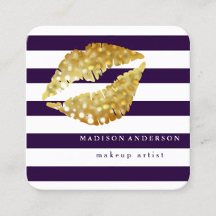 Navy Blue & White Chic Gold Lips - Makeup Artist Square Business Card