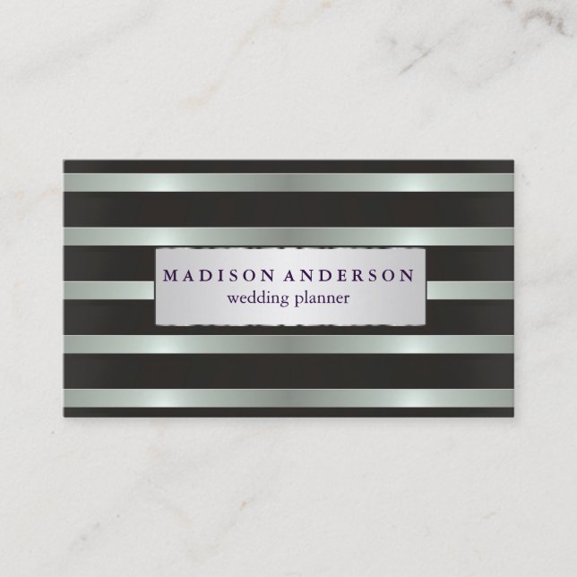 Navy Blue & White Chic Stripes in Gold Business Ca Business Card (Front)