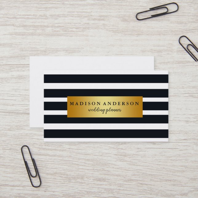 Navy Blue & White Chic Stripes in Gold Business Card (Front/Back In Situ)