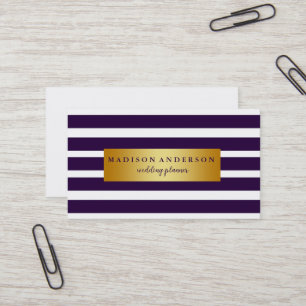 Navy Blue & White Chic Stripes in Gold Business Card