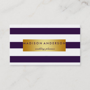Navy Blue & White Chic Stripes in Gold Business Card