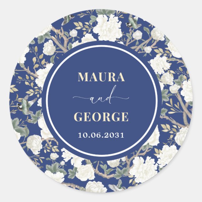 Navy Blue White Chinoiserie Floral Birds Wedding Classic Round Sticker (Front)
