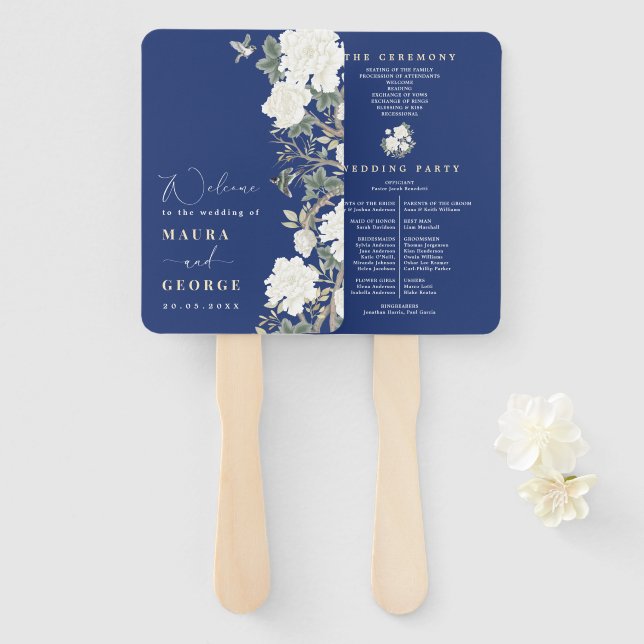 Navy blue White Chinoiserie Floral Wedding Program Hand Fan (Front and Back)