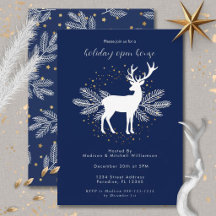 Navy Blue White Christmas Deer Evergreen Scandi