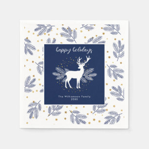Navy Blue White Christmas Deer Evergreen Scandi Napkin