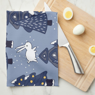 Navy Blue White Christmas Tree Holiday Pattern Tea Towel