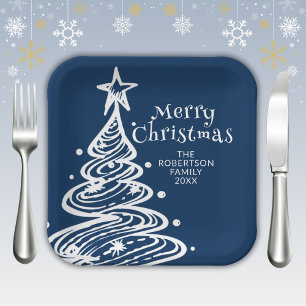 Navy Blue White Christmas Tree Party Paper Plate