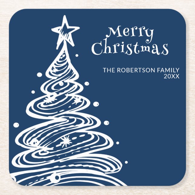 Navy Blue White Christmas Tree Party Square Paper Coaster (Front)