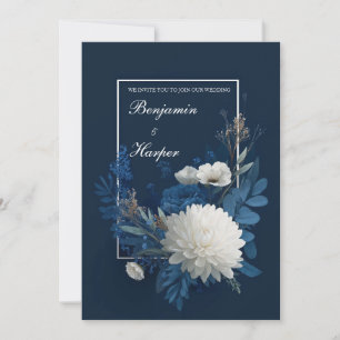 Navy Blue White Chrysanthemum Floral Wedding Invitation