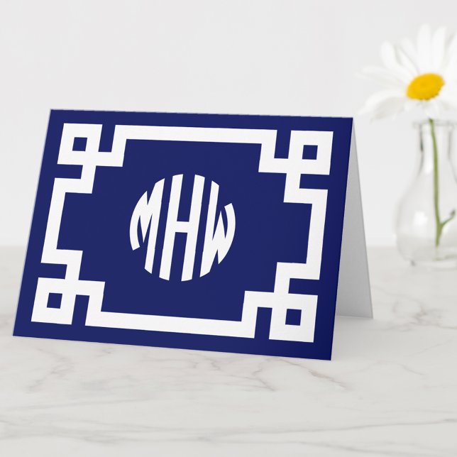 Navy Blue White Circle Monogram Greek Key DIY BG Card (Creator Uploaded)