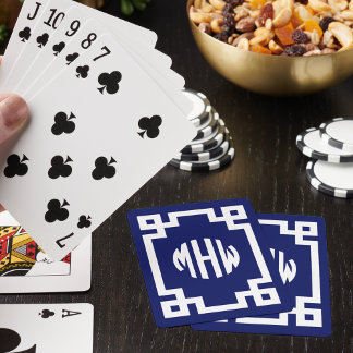 Navy Blue White Circle Monogram Greek Key DIY BG Playing Cards