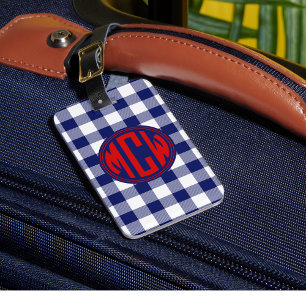 Navy Blue White Circle Monogram Wht Plaid DIY BG Luggage Tag