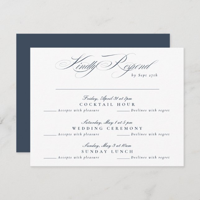 Navy Blue White Classic Calligraphy multi-event RSVP Card (Front/Back)