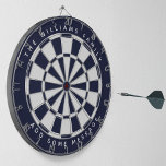 Navy Blue White Classic Custom Family Name Message Dartboard<br><div class="desc">A classic dartboard design with alternating navy blue and white triangles. 

Above and below there are the name and a message as arched text,  in caps.</div>