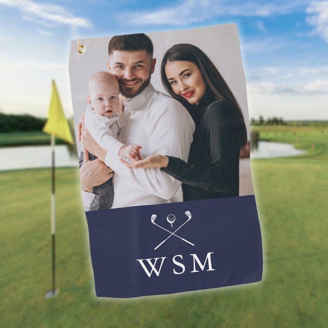 Navy Blue White Classic Monogram Photo Golf Clubs Towel (Navy Blue White Classic Monogram Photo Golf Clubs Golf Towel)