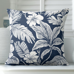 Navy Blue & White Coastal Floral Throw Pillow