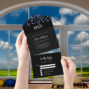 Navy blue white confetti year birthday rsvp all in one invitation