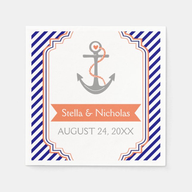 Navy blue, white coral anchor nautical wedding napkin (Front)