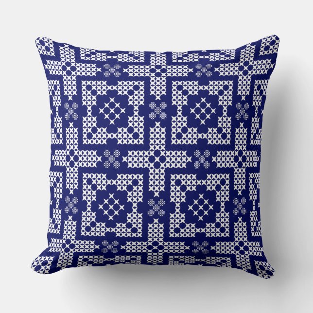 Navy Blue & White Cross Stitch Motif Modern Cushion (Front)