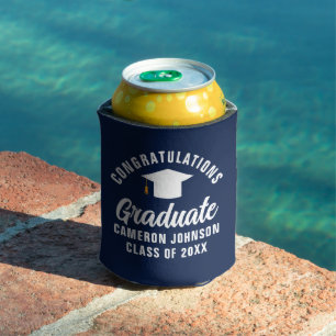 Navy Blue White Custom Graduation Party Can Cooler